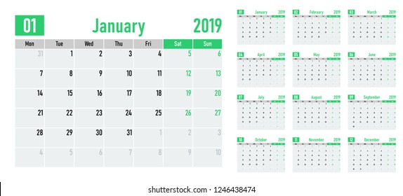 Calendar planner 2019 template vector illustration all 12 months week starts on Monday and indicate weekends on Saturday and Sunday