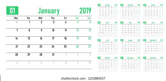 Calendar planner 2019 template vector illustration all 12 months week starts on Monday and indicate weekends on Saturday and Sunday