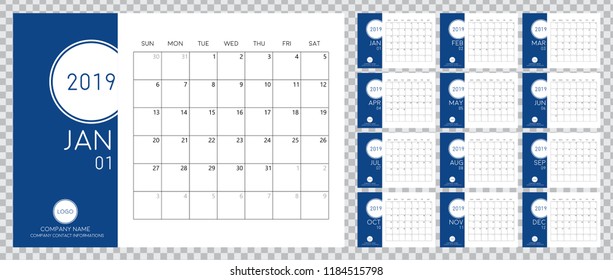 calendar planner 2019. Week starts on sunday. Vector illustration of printable calendar planner.