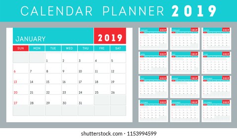 Calendar Planner for 2019 Year. Set of 12 Months.
