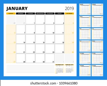 Calendar planner for 2019 year. Stationery design template. Week starts on Sunday. Set of 12 months. Vector illustration