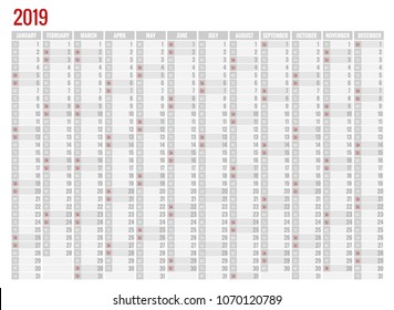 Planificador del calendario para el año 2019. Plantilla de impresión de diseño de vectores con lugar para fotografía, logotipo y texto.