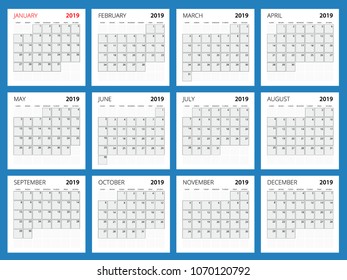 Calendar Planner for 2019 Year. Vector Stationery Design Print Template with Place for Photo, Your Logo and Text.