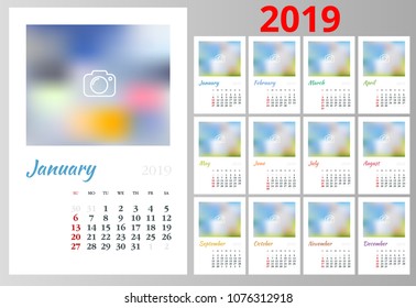 Calendar Planner for 2019 Year. Vector Stationery Design Print Template with Place for Photo, Your Logo and Text. Portrait Orientation. Set of 12 Months.