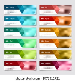 Calendar Planner for 2019 Year. Vector Stationery Design Print Template with Place for Photo, Your Logo and Text. Portrait Orientation. Set of 12 Months.