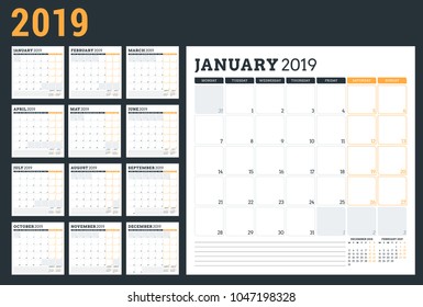 Calendar planner for 2019 year. Week starts on Monday. Set of 12 months. Printable vector stationery design template