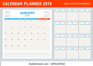 Calendar planner for 2019 year. Week starts on Monday. Set of 12 months. Printable vector stationery design template