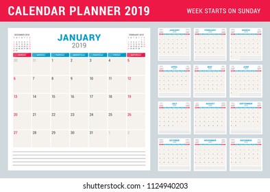 Calendar planner for 2019 year. Week starts on Sunday. Printable vector stationery design template