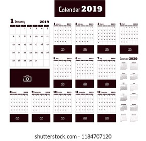 Calendar planner for 2019 year. Week starts on Monday. Set of 12 months black and white. Printable vector stationery design template, Vector