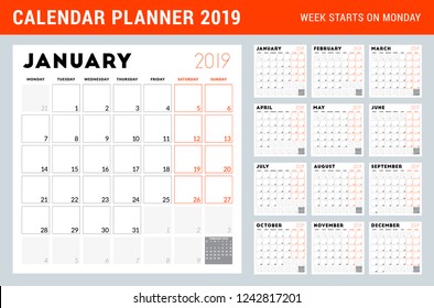Calendar planner for 2019 year. Week starts on Monday. Printable vector stationery design template. Set of 12 months