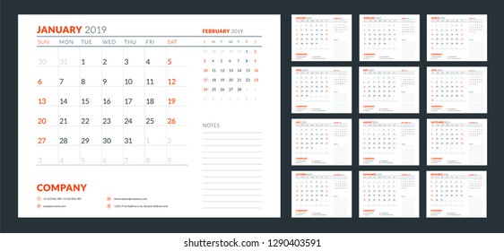 Calendar planner for 2019 year. Week starts on Sunday. Set of 12 months. Printable vector stationery design template