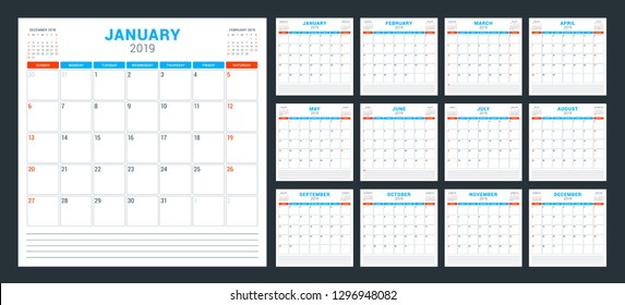 Calendar planner for 2019 year. Week starts on Sunday. Set of 12 months. Printable vector stationery design template