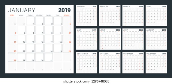 Calendar planner for 2019 year. Week starts on Sunday. Set of 12 months. Printable vector stationery design template