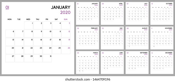 Calendar planner 2020, base template design. Week Starts on Monday. Set of 12 Months, vector illustration EPS 10