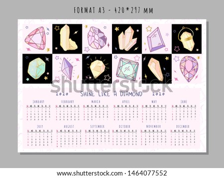 Calendar or planner for 2020 with colored geometric crystals or gems, jewelry diamonds and precious stones. Cover and page with dates. Vector template
