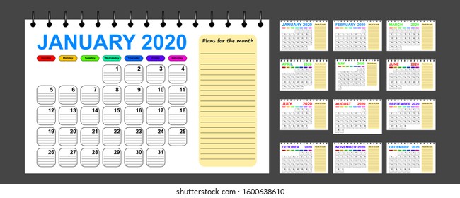Calendar planner for 2020 with a place to record your plans for the month, vector illustration