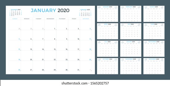 Calendar planner for 2020. Set of 12 months. Week starts on Sunday. Printable vector stationery design template
