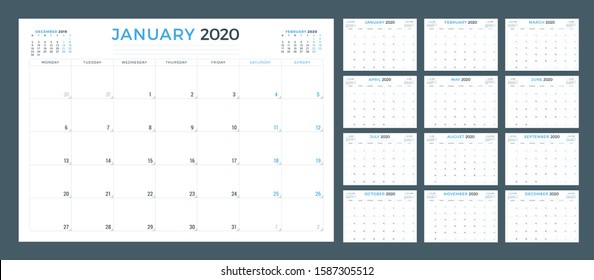 Calendar planner for 2020. Set of 12 months. Week starts on Monday. Printable vector stationery design template
