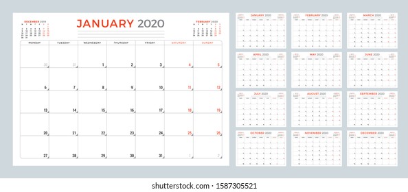Calendar planner for 2020. Set of 12 months. Week starts on Monday. Printable vector stationery design template