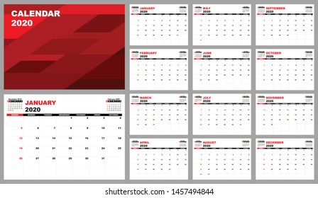 Calendar planner 2020, Set Desk Calendar template design. Week Starts on Sunday. Set of 12 Months and covers in red, vector illustration EPS 10