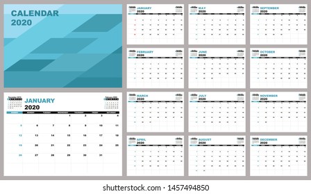 Calendar planner 2020, Set Desk Calendar template design. Week Starts on Sunday. Set of 12 Months and covers in blue, vector illustration EPS 10