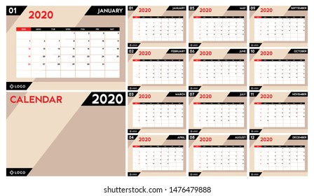 Calendar planner 2020, Set Desk Calendar template design. Week Starts on Sunday. Set of 12 Months and covers in beige, vector illustration EPS 10