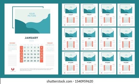 Calendar planner 2020 stationary design template. Week starts on Sunday. Set of 12 calendar pages designs print layout. Wall calendar planner templates. Isolated background. Vector illustration.