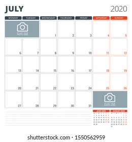 Calendar planner for 2020. Stationery design template. Week starts on Monday. Vector illustration