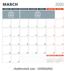 Calendar planner for 2020. Stationery design template. Week starts on Monday. Vector illustration