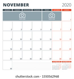 Calendar planner for 2020. Stationery design template. Week starts on Monday. Vector illustration