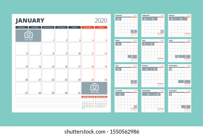 Calendar planner for 2020. Stationery design template. Set of 12 months. Week starts on Monday. Vector illustration