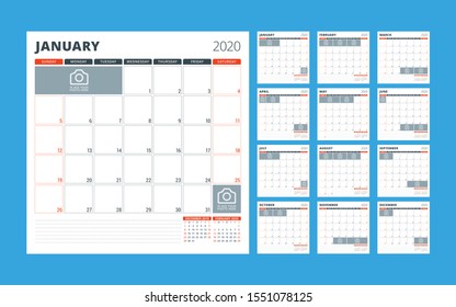 Calendar planner for 2020. Stationery design template. Week starts on Sunday. Set of 12 pages. Vector illustration