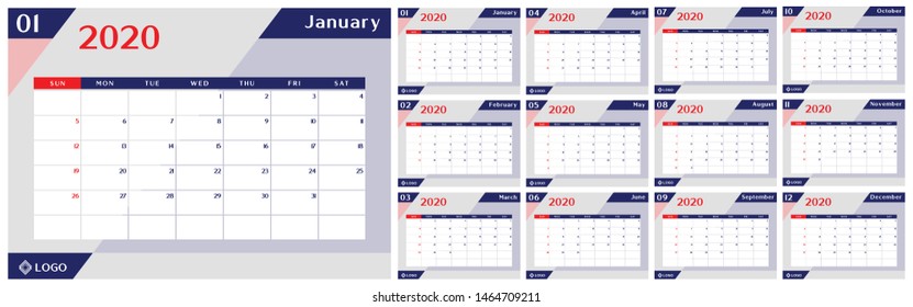 Calendar planner 2020, template design. Week Starts on Sunday. Set of 12 Months in blue, vector illustration EPS 10