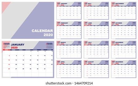 Calendar planner 2020, template design. Week Starts on Sunday. Set of 12 Months and covers in blue, vector illustration EPS 10