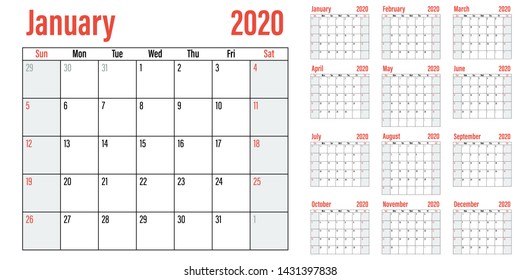 Calendar planner 2020 template vector illustration all 12 months week starts on Sunday and indicate weekends on Saturday and Sunday