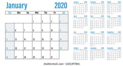 Calendar planner 2020 template vector illustration all 12 months week starts on Sunday and indicate weekends on Saturday and Sunday