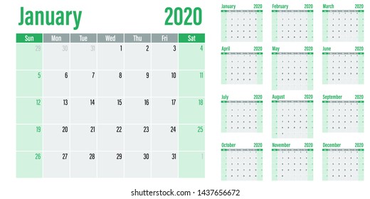 Calendar planner 2020 template vector illustration all 12 months week starts on Sunday and indicate weekends on Saturday and Sunday