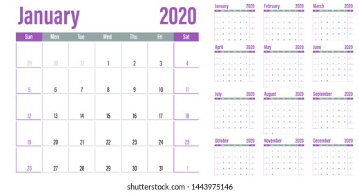 Calendar planner 2020 template vector illustration all 12 months week starts on Sunday and indicate weekends on Saturday and Sunday