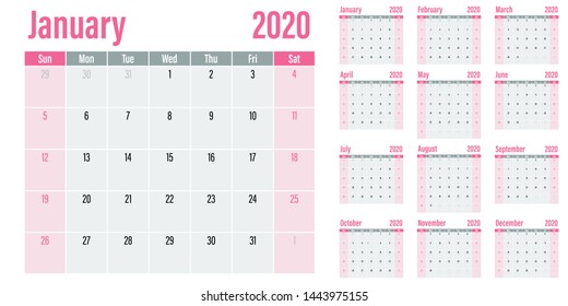 Calendar planner 2020 template vector illustration all 12 months week starts on Sunday and indicate weekends on Saturday and Sunday