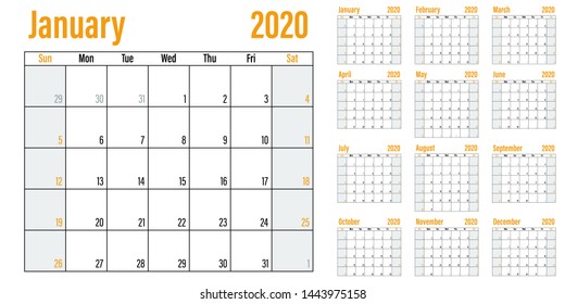 Calendar planner 2020 template vector illustration all 12 months week starts on Sunday and indicate weekends on Saturday and Sunday