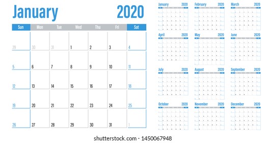Calendar planner 2020 template vector illustration all 12 months week starts on Sunday and indicate weekends on Saturday and Sunday