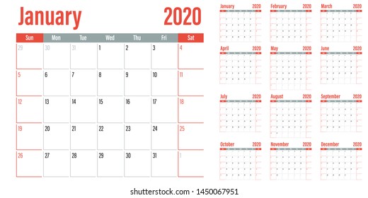 Calendar planner 2020 template vector illustration all 12 months week starts on Sunday and indicate weekends on Saturday and Sunday