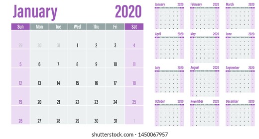 Calendar planner 2020 template vector illustration all 12 months week starts on Sunday and indicate weekends on Saturday and Sunday