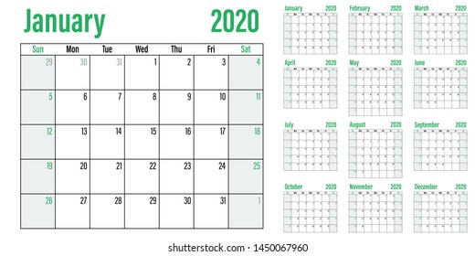 Calendar planner 2020 template vector illustration all 12 months week starts on Sunday and indicate weekends on Saturday and Sunday