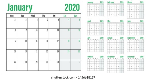 Calendar planner 2020 template vector illustration all 12 months week starts on Monday and indicate weekends on Saturday and Sunday