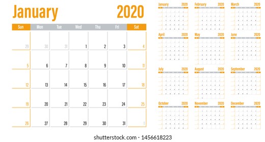 Calendar planner 2020 template vector illustration all 12 months week starts on Sunday and indicate weekends on Saturday and Sunday