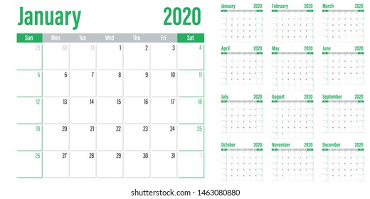Calendar planner 2020 template vector illustration all 12 months week starts on Sunday and indicate weekends on Saturday and Sunday