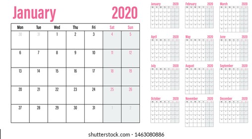 Calendar planner 2020 template vector illustration all 12 months week starts on Monday and indicate weekends on Saturday and Sunday