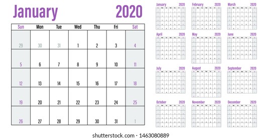 Calendar planner 2020 template vector illustration all 12 months week starts on Sunday and indicate weekends on Saturday and Sunday