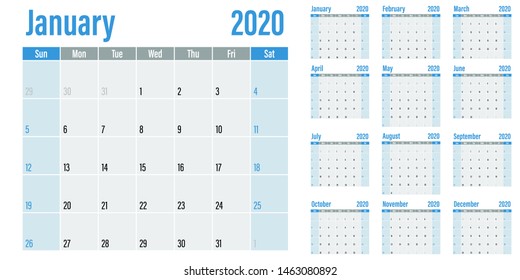 Calendar planner 2020 template vector illustration all 12 months week starts on Sunday and indicate weekends on Saturday and Sunday